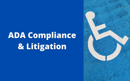 ADA Compliance & Litigation on blue background beside universal symbol for accessibility