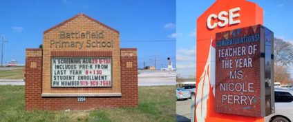 2 photos of school monument signs in collage