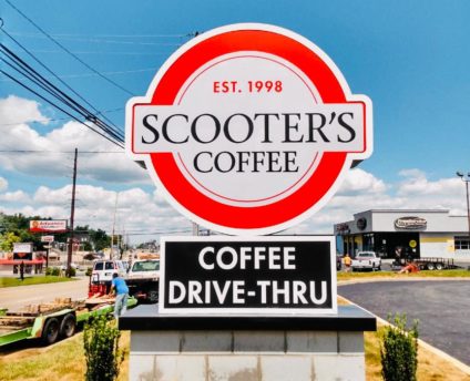 Scooter's Coffee Monument Sign close-up on location in Chattanooga