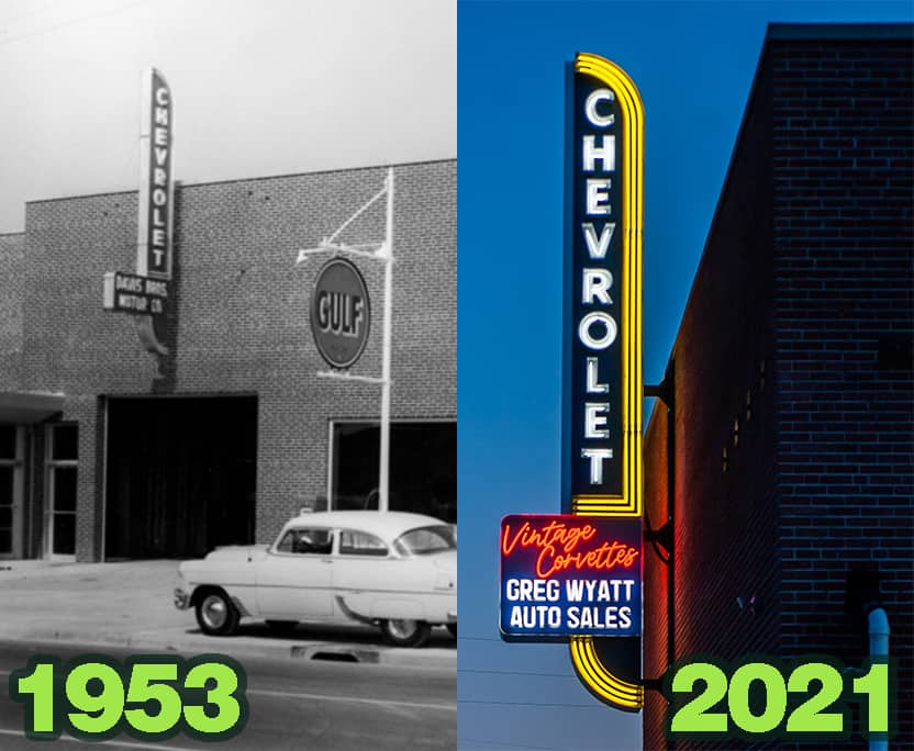 Side by Side photo featuring old vintage black and white photo of auto shop with the new vintage corvette shop sign in color to the right