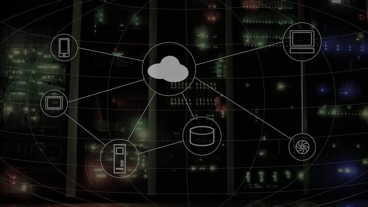 Cloud computing graphic with various nodes connected to a cloud in the center