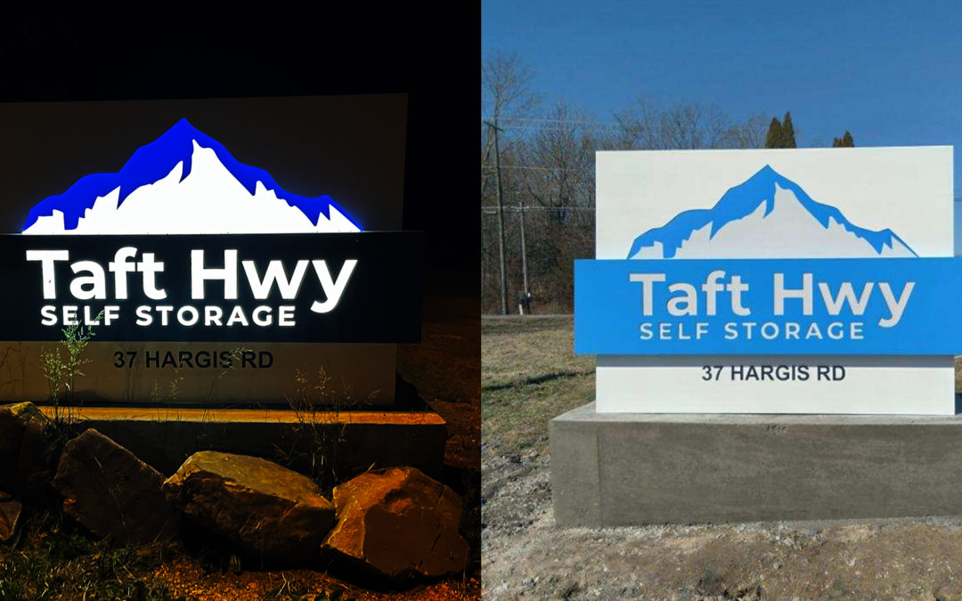 Taft Highway storage sign lit and in the day
