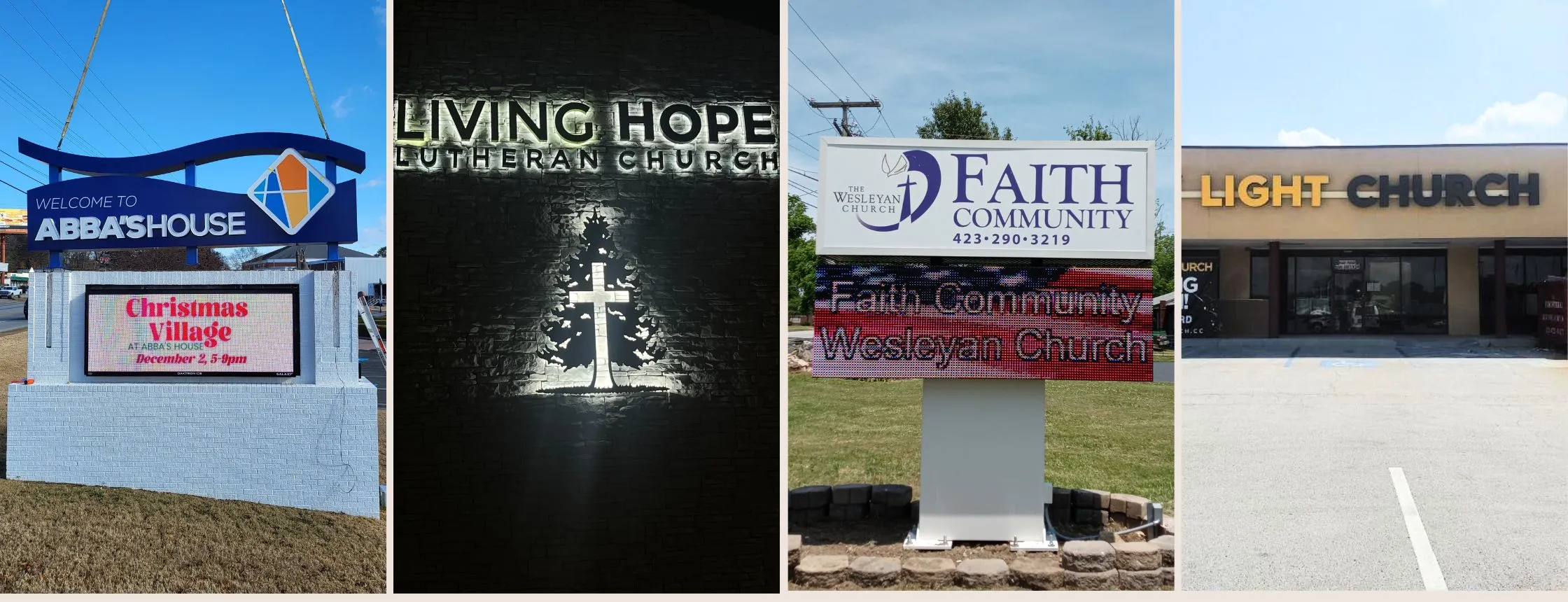 Four examples of custom signage made for churches by Ortwein Sign