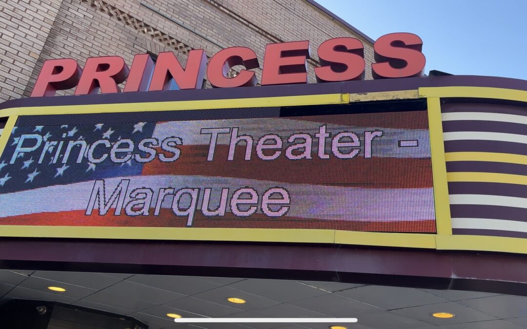 Close-up of new digital sign in the marquee of the historic South Pittsburg, TN Princess Theatre installed by Ortwein Sign.