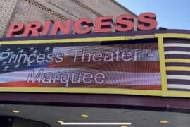 Close-up of new digital sign in the marquee of the historic South Pittsburg, TN Princess Theatre installed by Ortwein Sign.