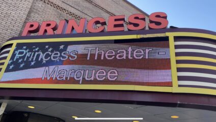 Close-up of new digital sign in the marquee of the historic South Pittsburg, TN Princess Theatre installed by Ortwein Sign.