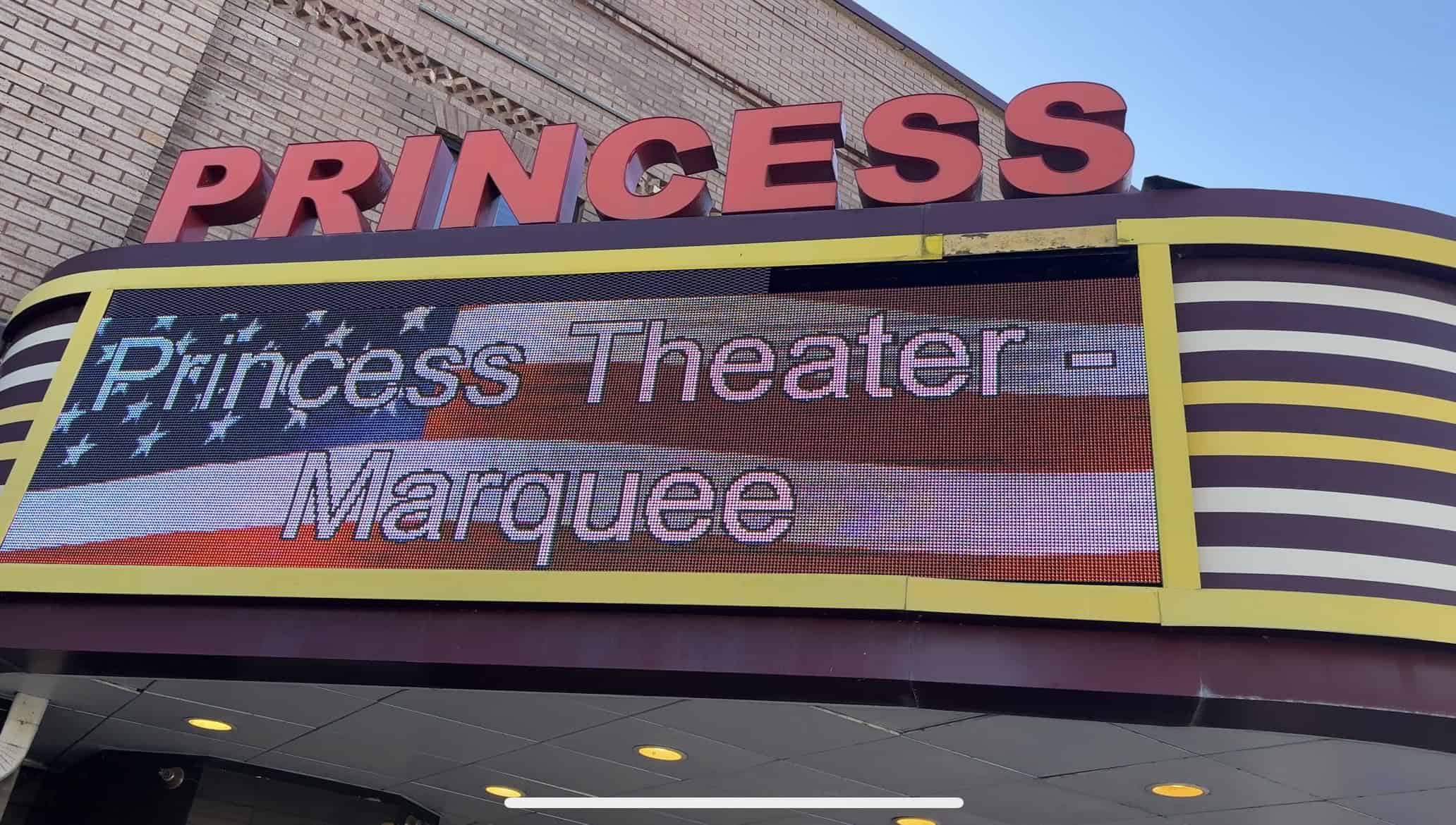 Close-up of new digital sign in the marquee of the historic South Pittsburg, TN Princess Theatre installed by Ortwein Sign.