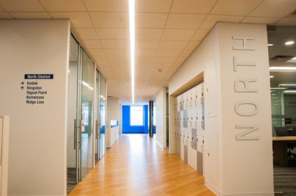 Interior wayfinding signage in office complex