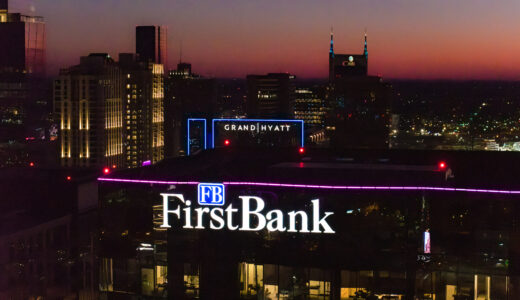 First Bank skyline sign fabricated and installed by Ortwein Sign