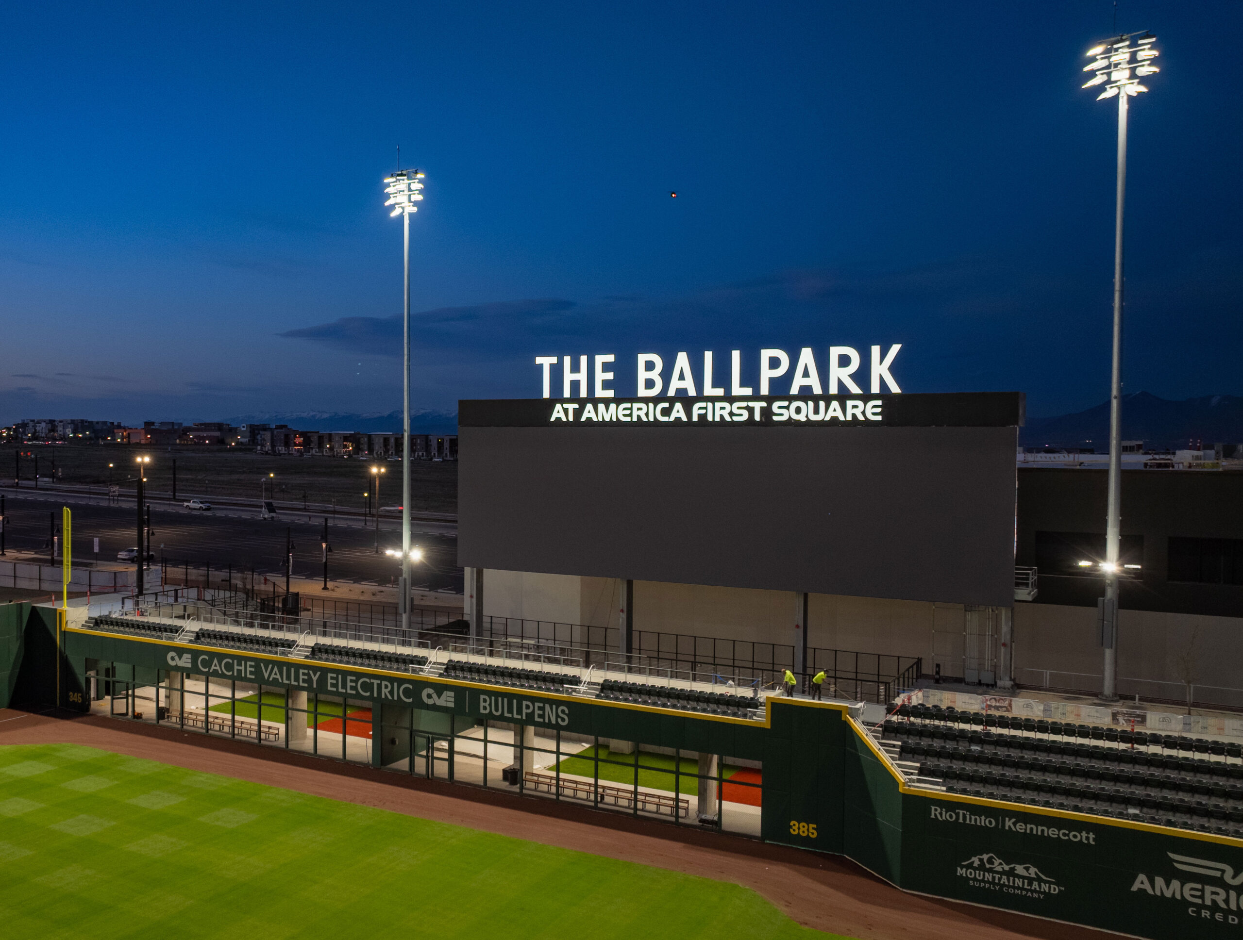 ortwein-sign-stadium-letters-large Salt Lake Bees Baseball Stadium sign lit up at night