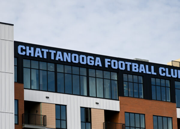 Chattanooga Football Club's new headquarters in downtown Chattanooga featuring the skyline sign manufactured by Ortwein Sign
