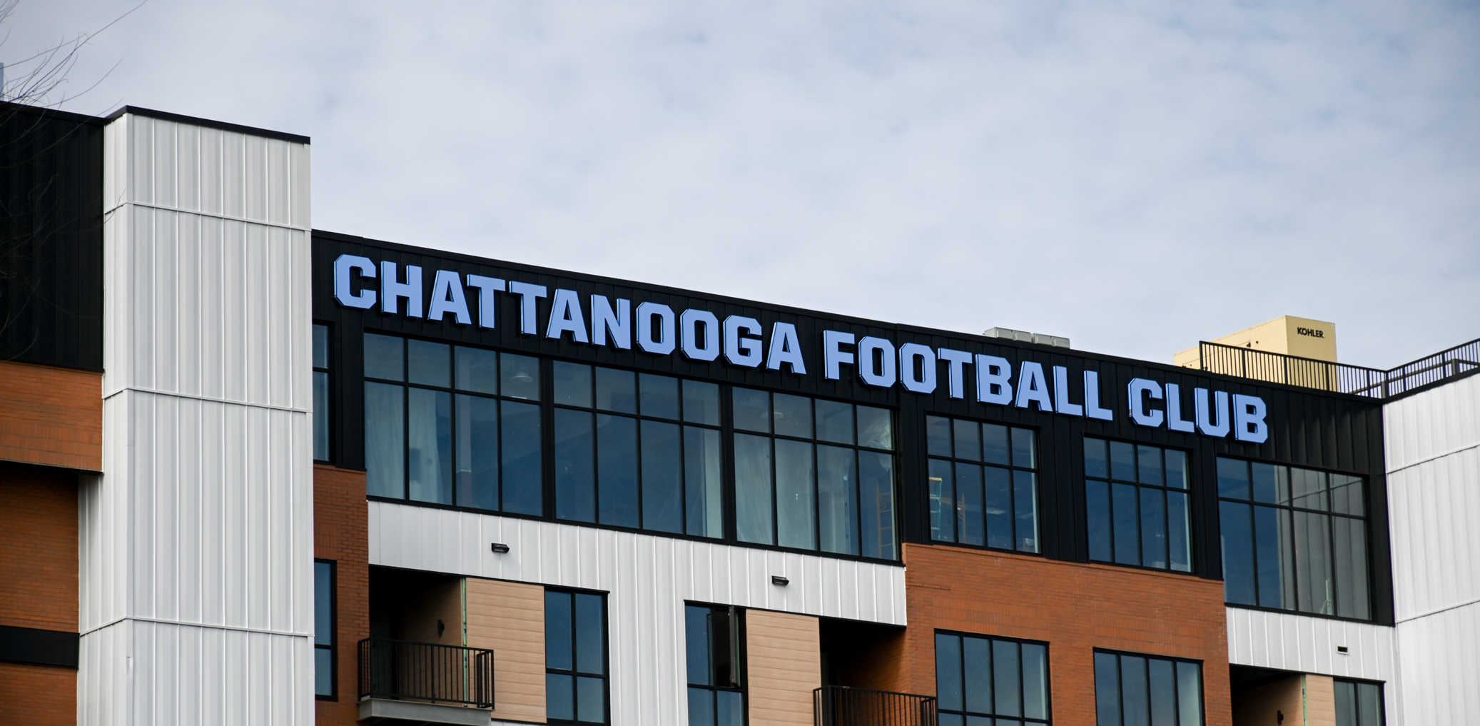 Chattanooga Football Club's new headquarters in downtown Chattanooga featuring the skyline sign manufactured by Ortwein Sign