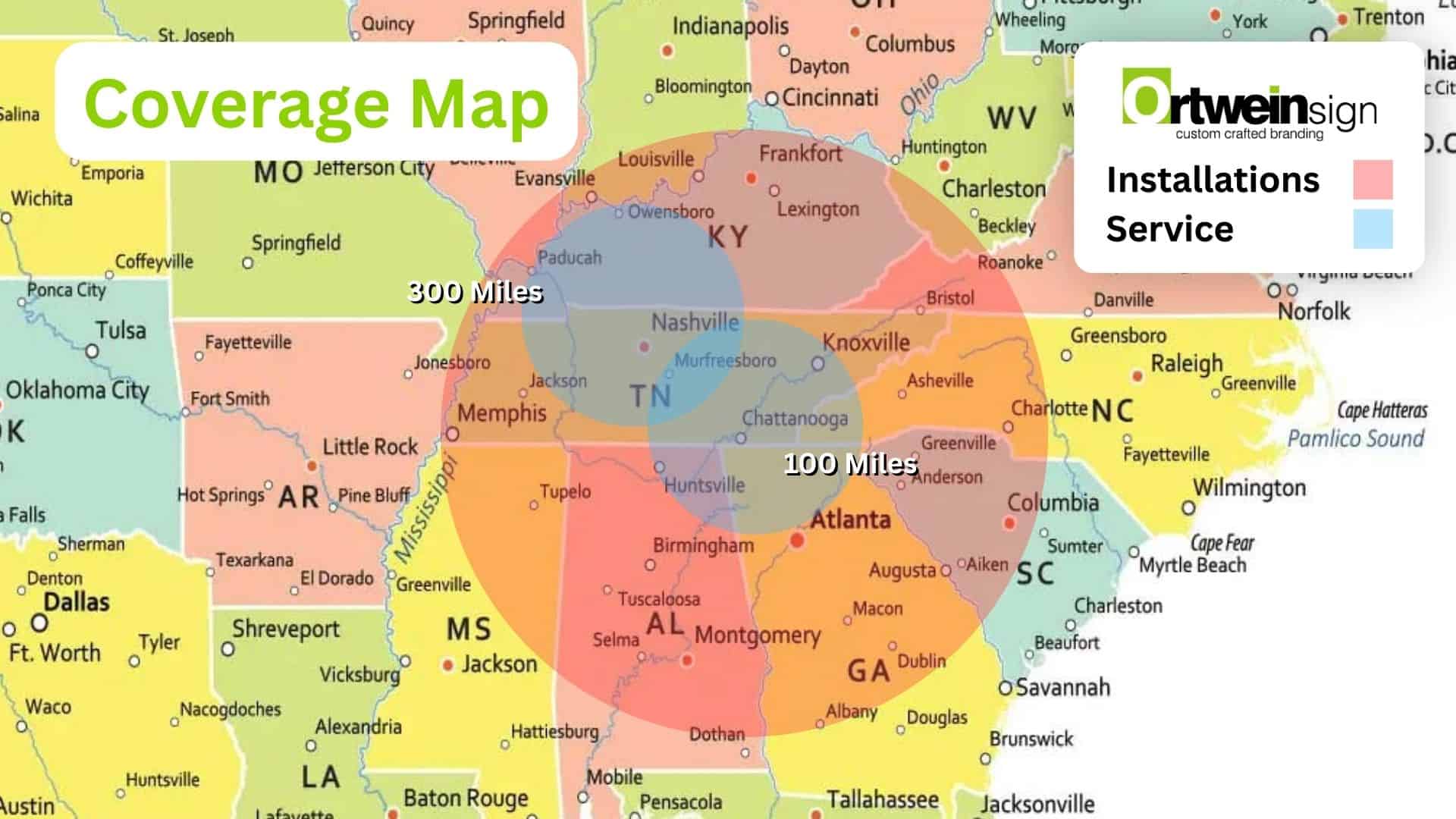 Ortwein Sign Install & Service Coverage Map
