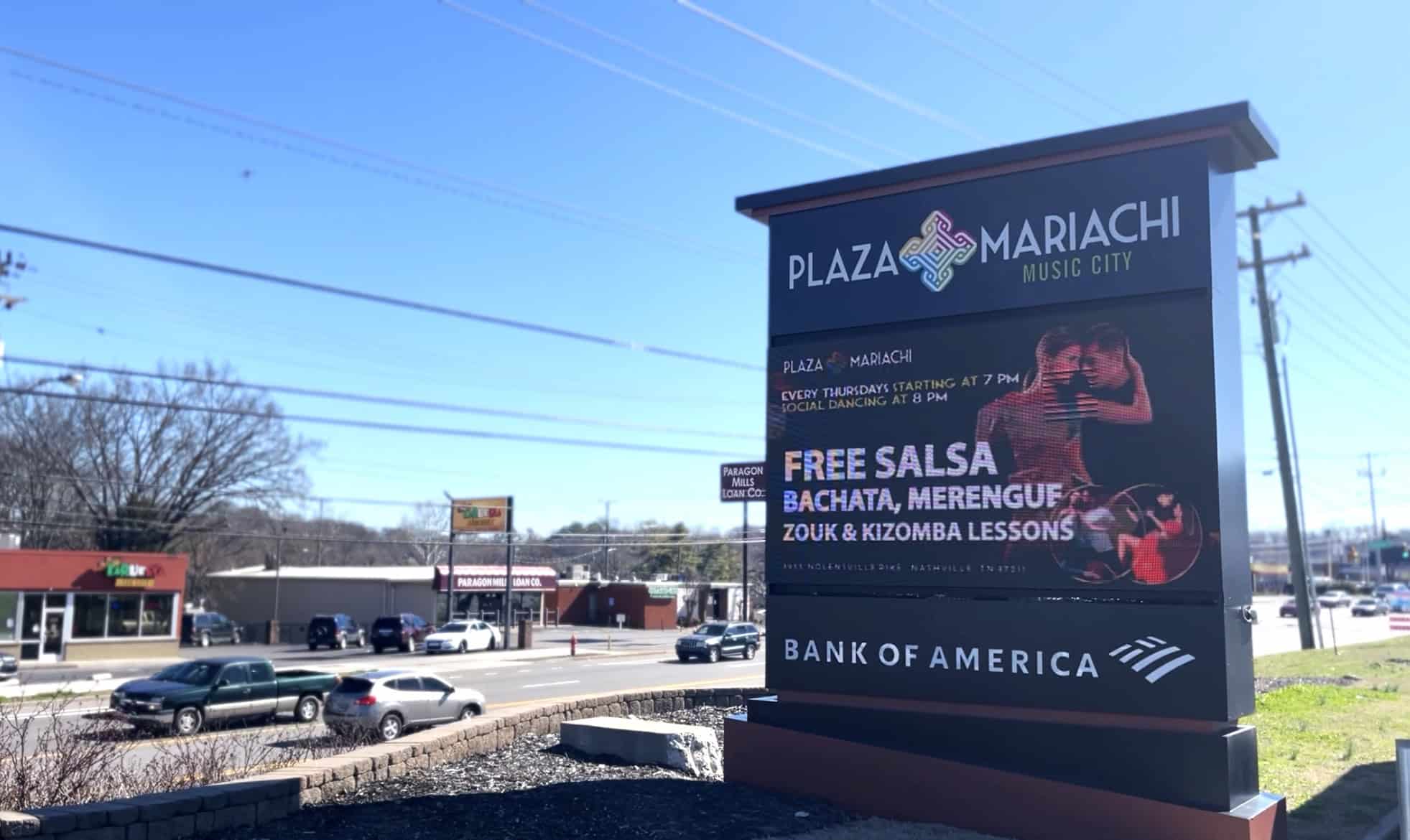 Plaza Mariachi's LED digital monument sign in Nashville, TN