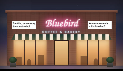 Example of an AI rendering that could be emblematic of ones submitted by clients. This one is of a storefront with Bluebird Coffee & Bakery in neon with annotations to the side about how it's lacking measurements, raceway, and other details.
