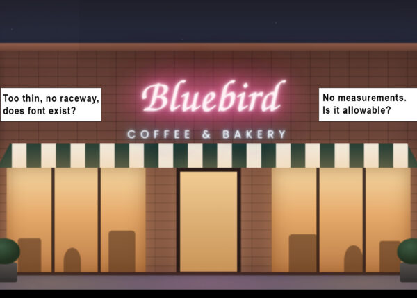 Example of an AI rendering that could be emblematic of ones submitted by clients. This one is of a storefront with Bluebird Coffee & Bakery in neon with annotations to the side about how it's lacking measurements, raceway, and other details.