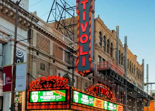 Historic Tivoli Theatre lit up for the grand reopening celebration